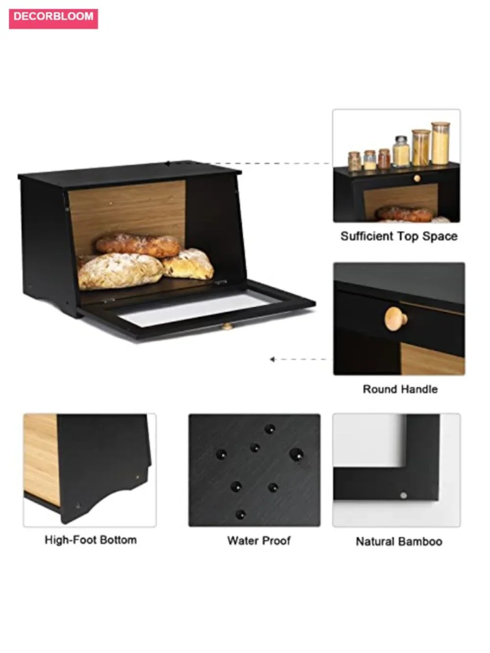 Bamboo Wood Bread Box with Plexiglass Window, Kitchen Countertop Storage